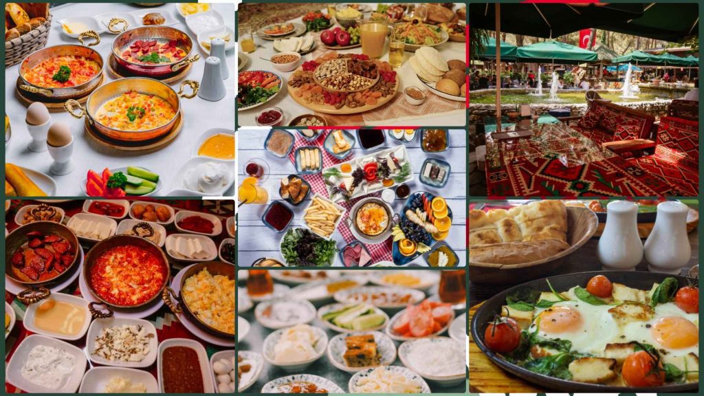  Uitgebreid traditioneel Turks ontbijt op een terras met uitzicht, wat maakt Turkije uniek dankzij de gastvrije ontbijtcultuur